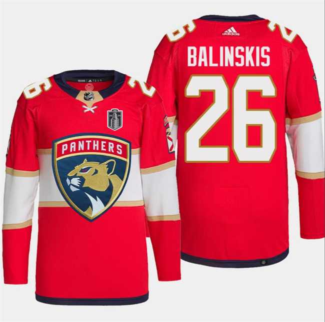 Men%27s Florida Panthers #26 Uvis Balinskis Red 2024 Stanley Cup Final Patch Stitched Jersey Dzhi